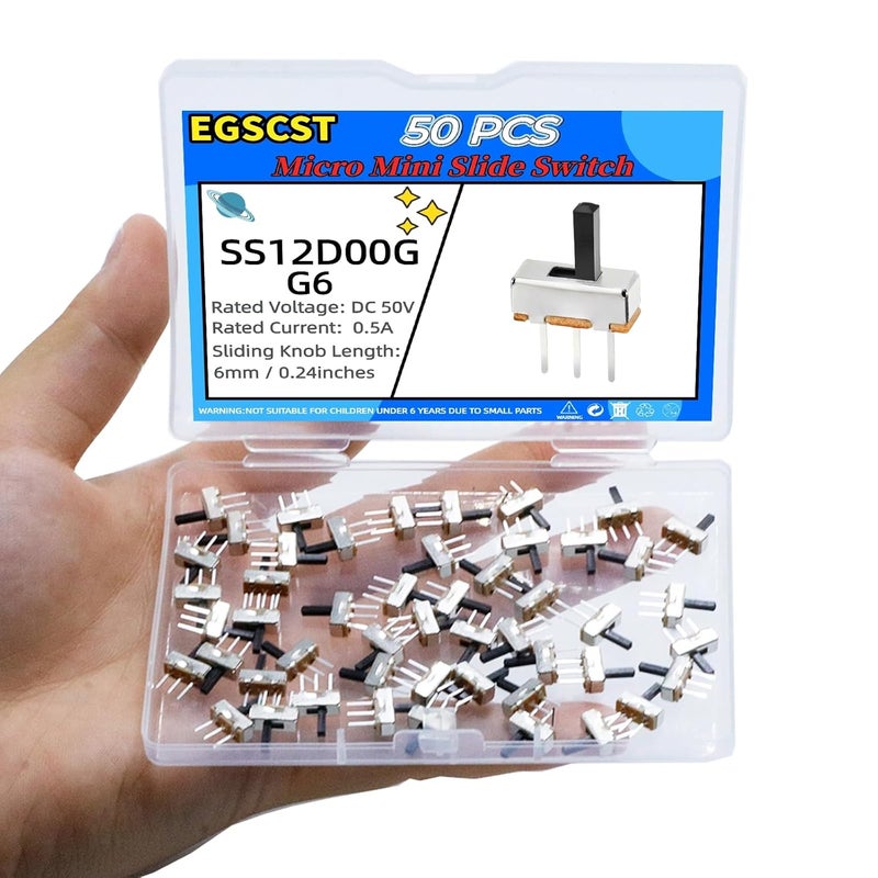 EGSCST 50 قطعة مفتاح منزلق صغير ميكرو SPDT مفاتيح تبديل 1p2t موضعين 3 دبابيس صغيرة عمودية مثبتة على اللوحة مقبض غمر لمشاريع إلكترونية Arduino PCB Breadboard - SS12D00G 6 مم DC 50 فولت 0.5 أمبير - Image 5